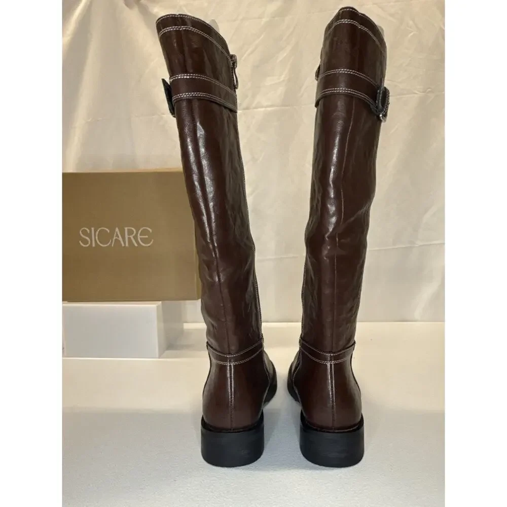 Women's SICARE Brown Knee High Boots Buckle Detail Flat Block Heel Size 8